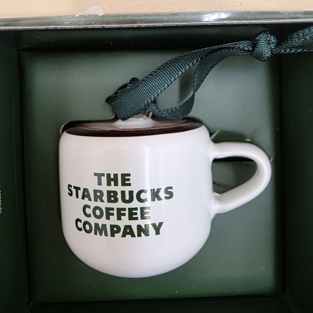 NIB Starbucks Mini White Mug Ornament with Green Text